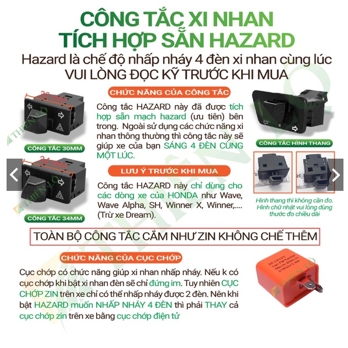 COMBO Công tắc Xi Nhan tích hợp Hazard + Cục Chớp Nhanh MT 12V gắn nhiều dòng xe Wave AB SH Future Winner