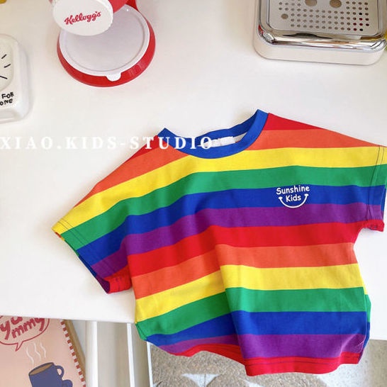 MNGRL Áo Thun Tay Ngắn Cổ Tròn Cầu Vồng Cotton Mềm Mát Hàn Quốc Cho Bé Trai Bé Gái