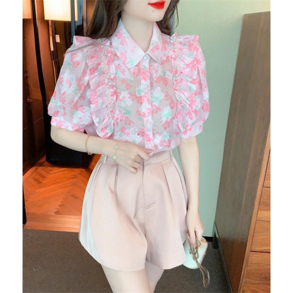 Áo Sơ Mi Chiffon Ngắn Tay Dáng Rộng Họa Tiết Hoa Phong Cách Vintage Cho Nữ