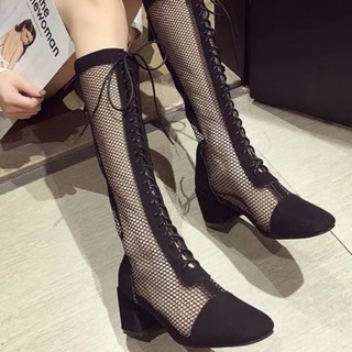 Boots lưới đế 6,5cm dáng dài phối da lộn hot hit gót vuông