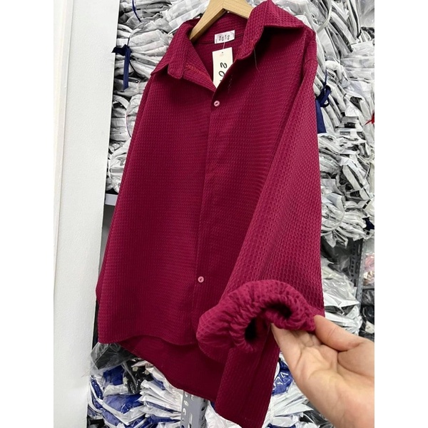 Áo sơ mi đỏ chất xốp hàn form rộng nữ  Thun kiểu dài tay bồng bánh bèo tiểu thư hotgirl vạt bầu ulzzang