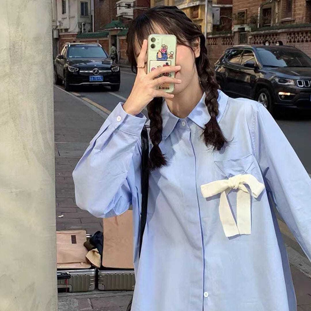 Áo Sơ Mi Tay Dài Dáng Rộng Thắt Nơ Màu Xanh Dương Thời Trang Xuân Hè Mới Cho Nữ