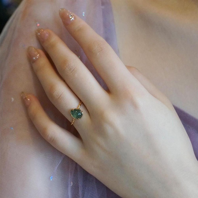 ♥Nhẫn Đeo Tay Bằng Rong Biển Tự Nhiên Đính Đá Chalcedony Hình Giọt Nước Màu Xanh Lá Thời Trang Mù