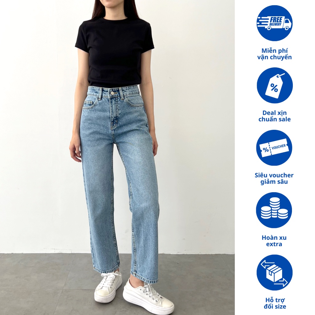 Quần Jeans Nữ Form Ống Đứng Lưng Cao Màu Xanh Wash Đùi Rede Jeans VNXK - RB-02