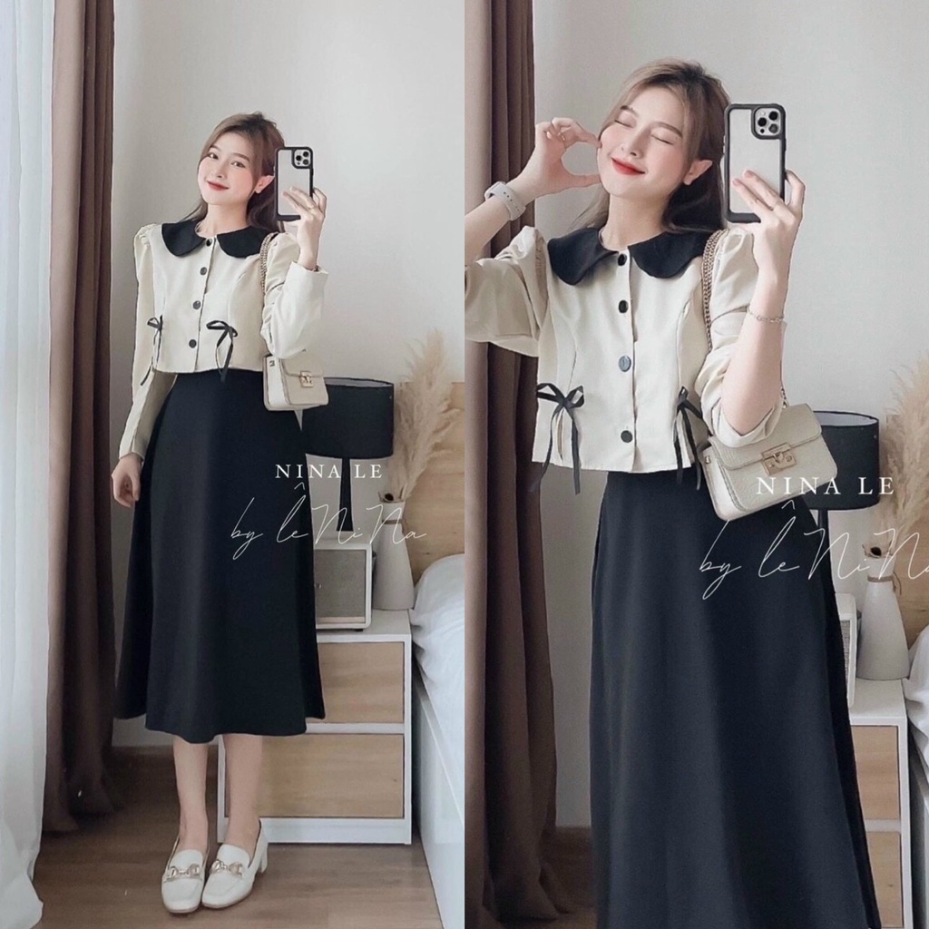 Set chân váy kèm áo tay dài phối bèo cổ cài nút thật siêu xinh dành cho các nàng yêu đi chơi, dự tiệc