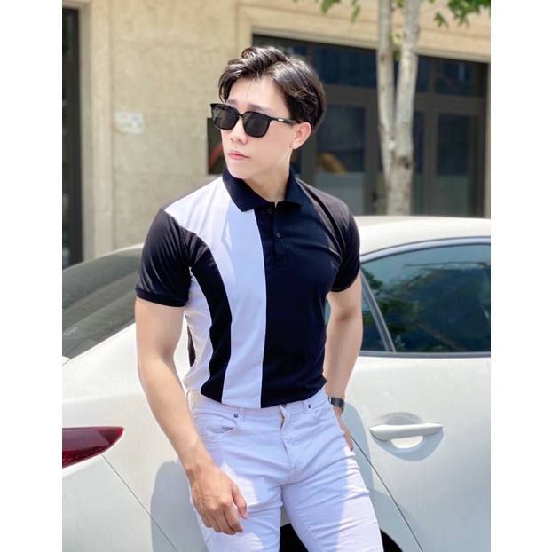 Áo thun polo nam ngắn tay vải cotton kháng khuẩn form ôm body in hoạ tiết DR mầu đen trắng | BigBuy360 - bigbuy360.vn