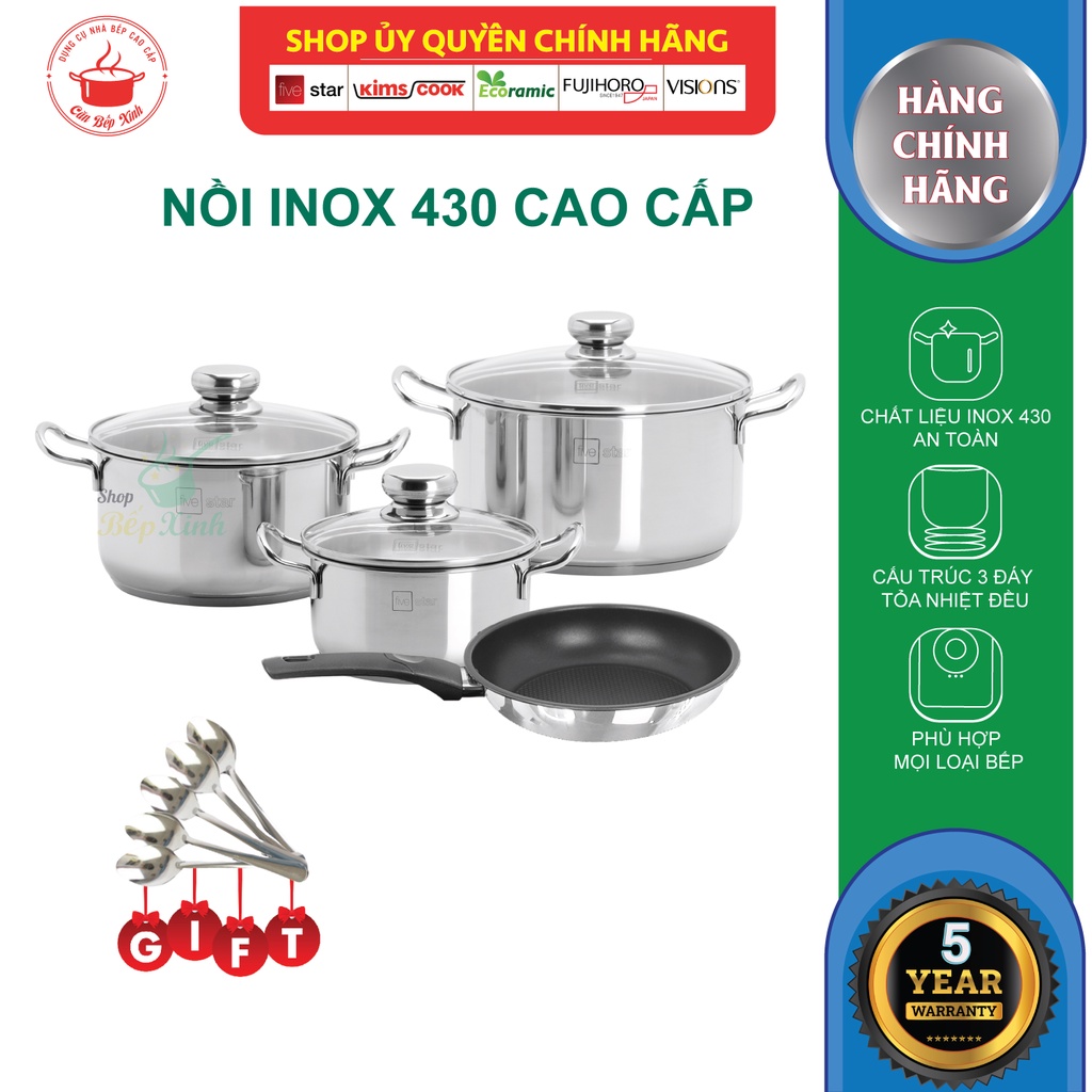 Bộ nồi xửng hấp 3 đáy inox 430 cao cấp Fivestar Standard 4 món nắp kính tặng 10 muỗng ăn ( N16 x N20 x N24 x X24cm )