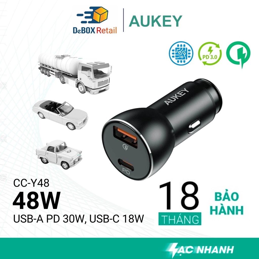 Tẩu Sạc ô tô AUKEY Siêu Nhanh CC-Y48 công suất 48W USB A QC 3.0/USC-C PD 30W - Hàng Chính Hãng