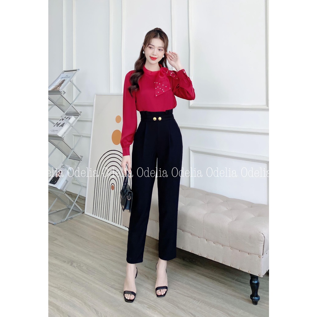Áo sơ mi lụa dài tay Odelia cổ nơ ngo.c trai - A6567
