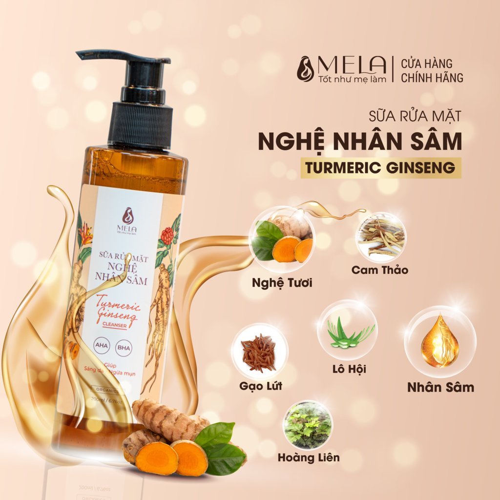 Sữa Rửa Mặt Nghệ Nhân Sâm MELA - Làm Sạch, Dịu Nhẹ, Giảm Mụn Sáng Da, Giảm Thâm Và Cân Bằng PH 200ml