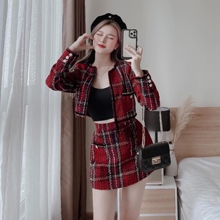 Set Dạ Đỏ Sọc Đen Tay Dài - S31073