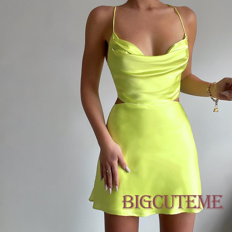 [] - Đầm Ngắn Không Tay Màu Trơn Khoét Lưng Thấp Mùa Hè Cho Nữ