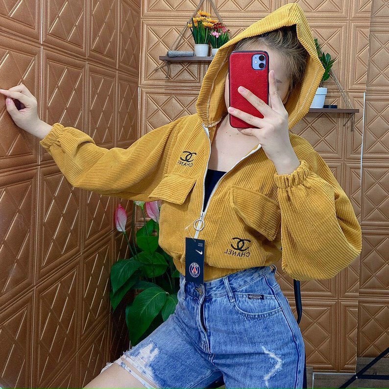 Khoác nhung nón crop bo thun túi hộp