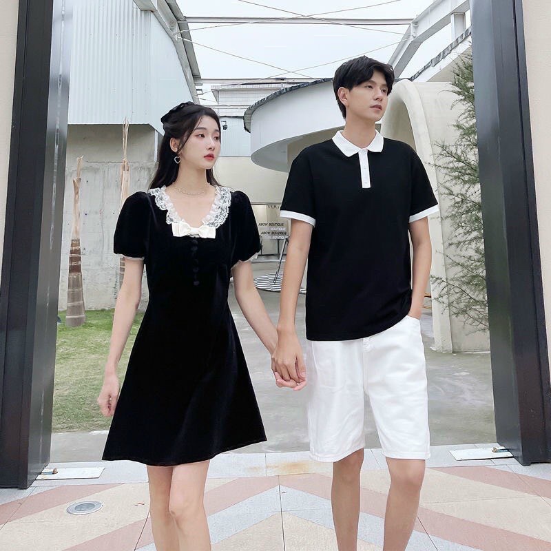 Đồ đôi 🎀FREESHIP🎀 áo váy đôi polo du lịch chụp cưới đầm nữ áo thun nam ngắn tay màu đen VSM couple