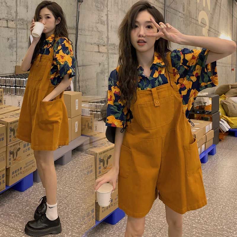 Bộ Áo Sơ Mi + Quần Yếm Ngắn Lưng Cao Dáng Rộng Thời Trang Mùa Hè Hàng Mới Dành Cho Bạn Nữ | BigBuy360 - bigbuy360.vn