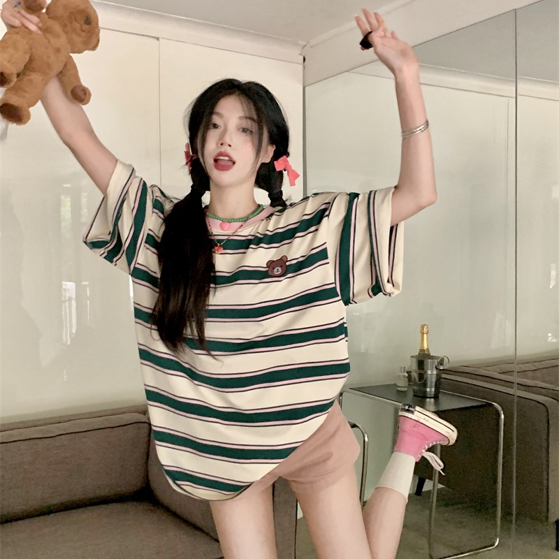 Áo thun SUXI ngắn tay dáng rộng kẻ sọc thêu họa tiết xinh xắn dễ phối đồ cho nữ