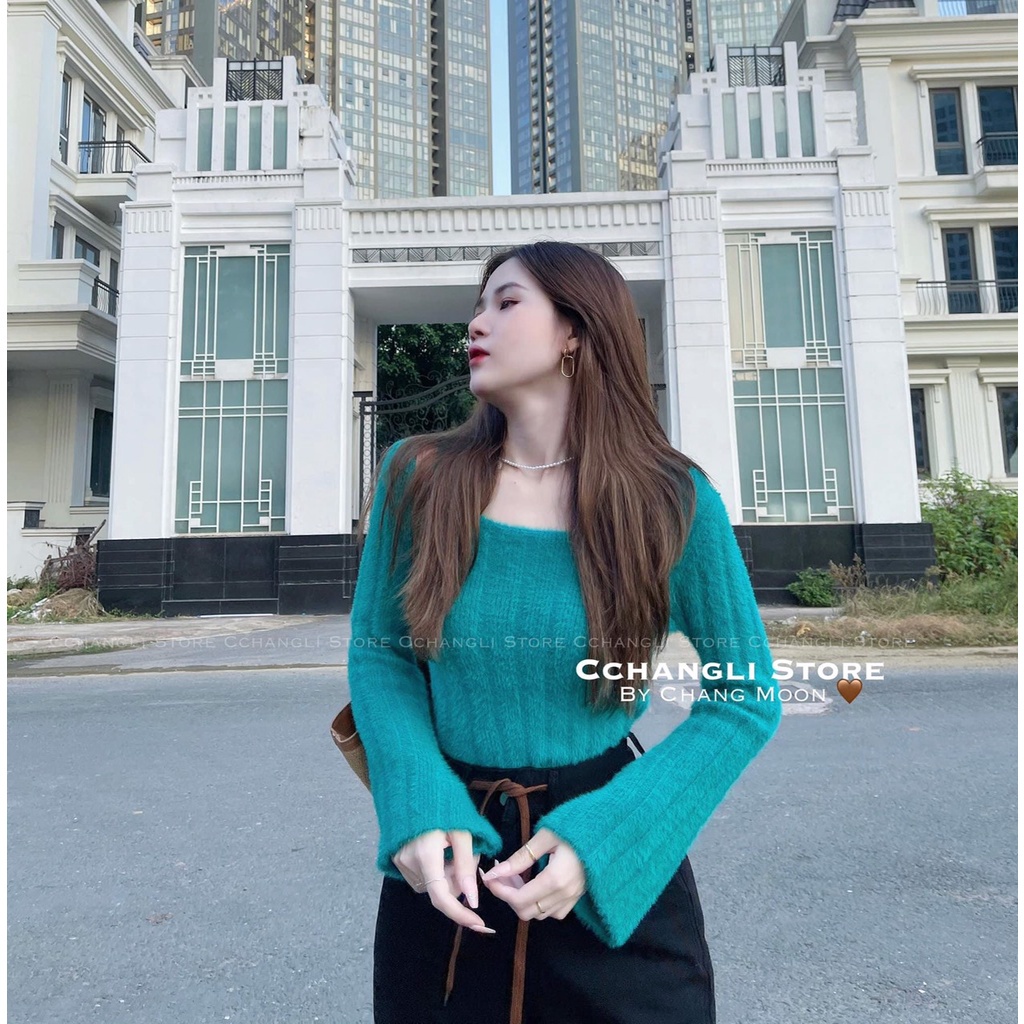 Áo len gân lông thỏ mượt nữ tay dài xòe cổ vuông dáng ôm hàng Quảng Châu đẹp dày dặn co giãn tốt mềm mịn 15356 5