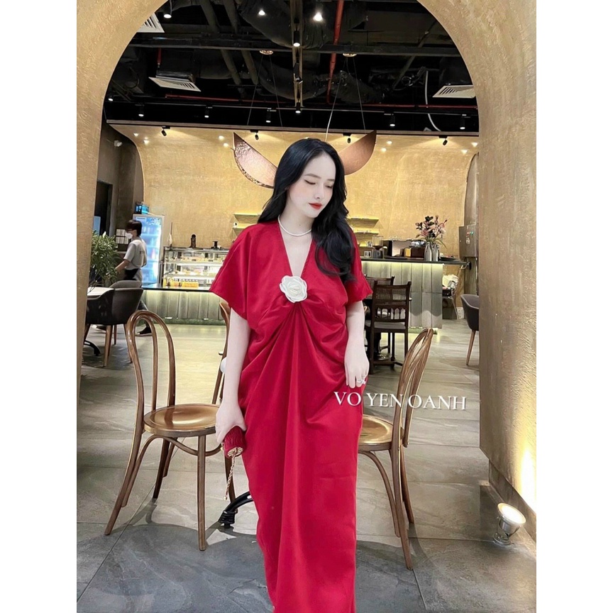 [3.3 Sales Freeship] Đầm suông cổ v tay dơi dáng dài đính hoa, đầm trơn basic nhún eo đính bông đi biển nhẹ nhàng mtb