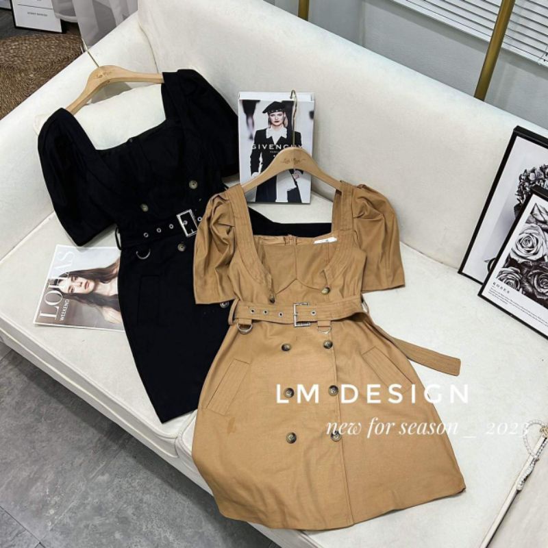 Váy kaki cổ vuông kèm đai