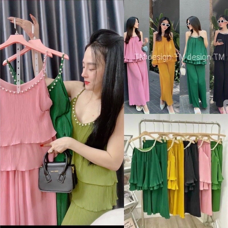 Sét bộ dập ly tầng áo 2 dây đính ngọc phối quần ống rộng dáng dài siêu đẹp -voan chiffon kèm hình thật.