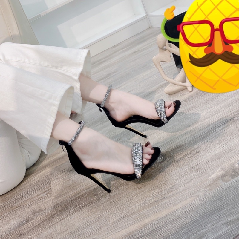 Sandal cao gót quai đá đính phun viền dây quấn khoá sau gót