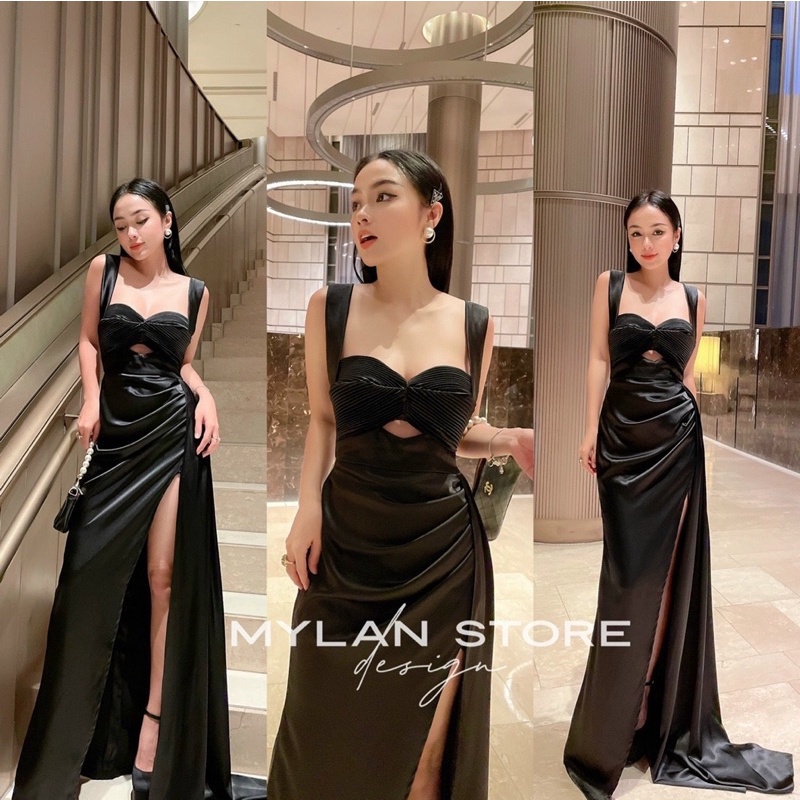 ĐẦM THIẾT KẾ MYLAN STORE DỰ TIỆC MÀU ĐEN DÁNG DÀI XẺ TÀ CHẤT PHI L1 DÀY DẶN CAO CẤP