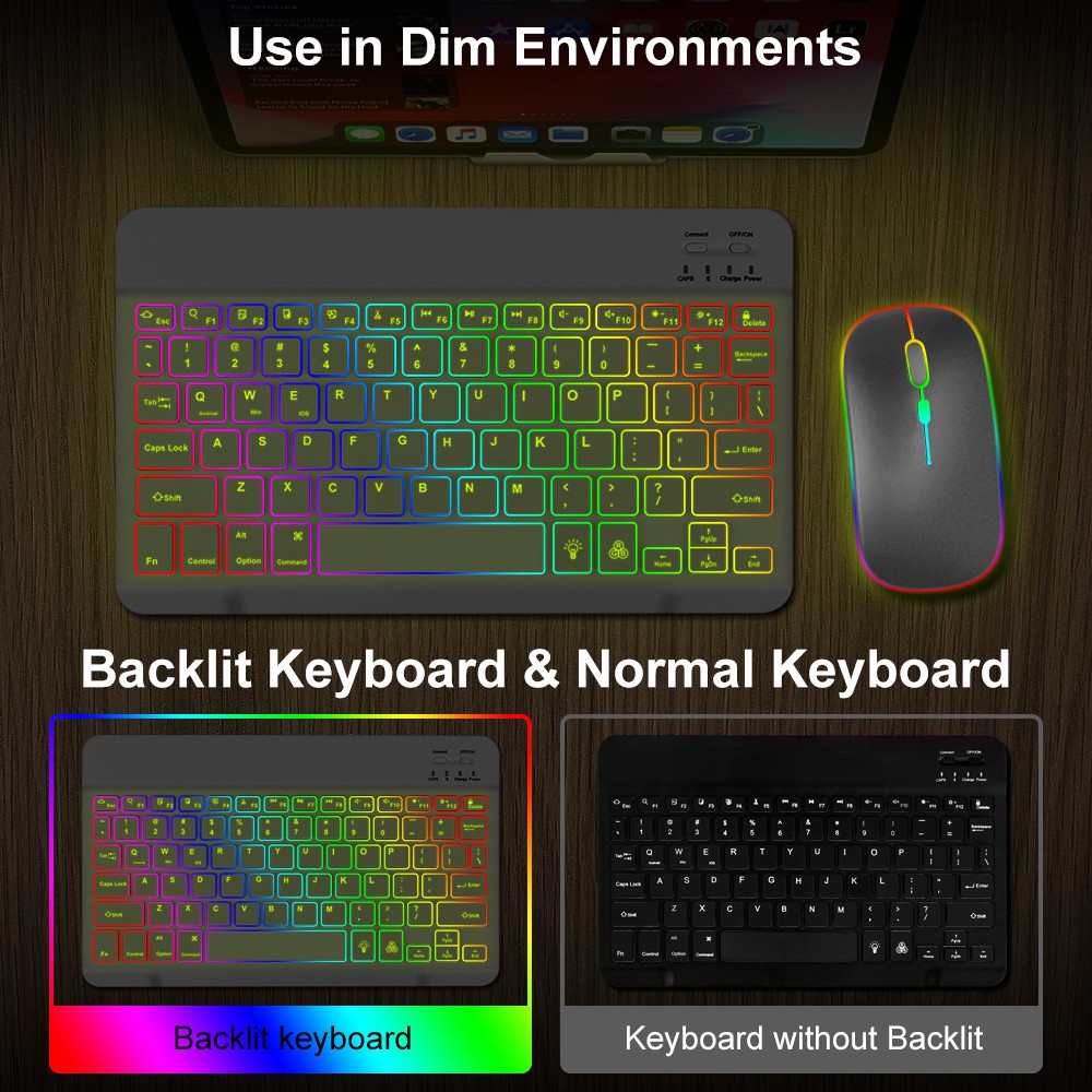 10 inch Đèn nền có đèn nền Bàn phím và chuột không dây LED Bàn phím Bluetooth đầy màu sắc cho máy tính xách tay