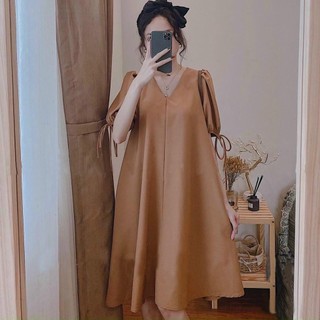 [ VD105 ] Váy đũi lụa thắt nơ tay bồng cổ tim