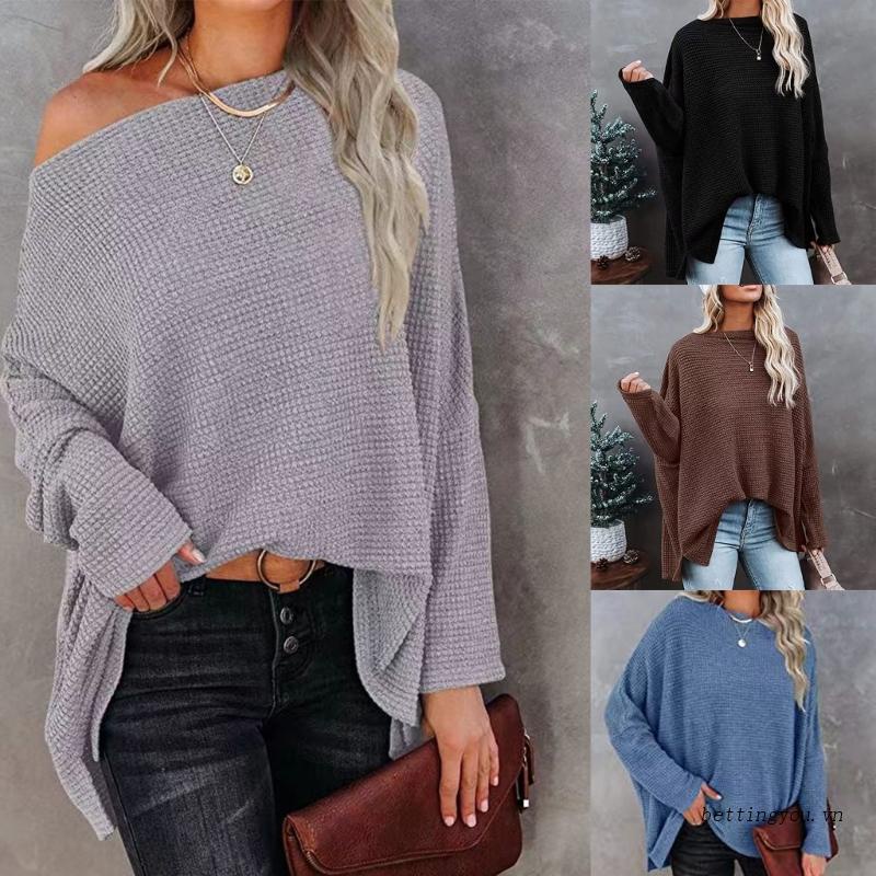 Áo Sweater Dệt Kim Cánh Dơi Một Bên Vai Tay Dài Màu Trơn Cỡ Lớn Xẻ Tà Bên Hông Cho Nữ