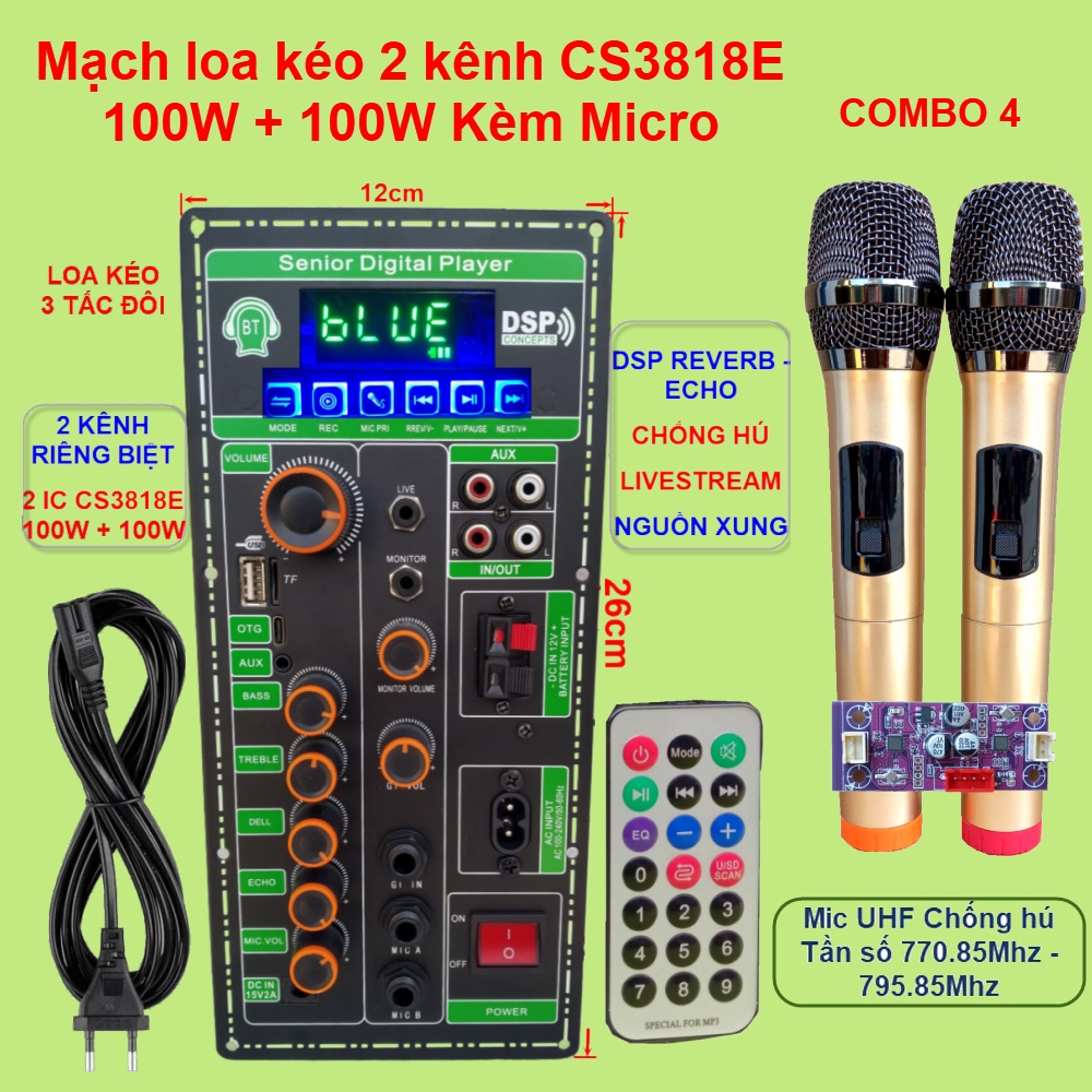 Mạch loa kéo 2 kênh Livestream DSP Reverb – Echo Chống hú 2 IC CS3818E 100W + 100W – Loa kéo 3 tấc đôi kèm Micro