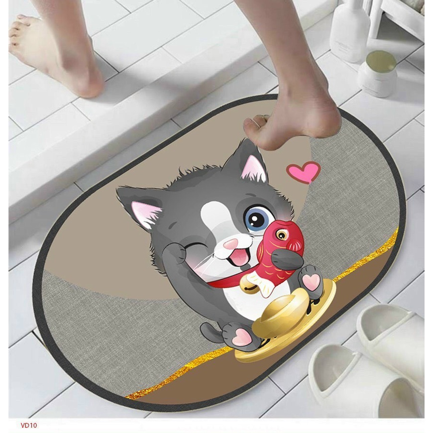 Thảm Bầu Dục Hình Thú 3D Loại Dày , Thảm Chùi Chân Oval - Dễ Thương, Sang Trọng, Chống Trơn Trượt -  Kích Thước 40x60cm
