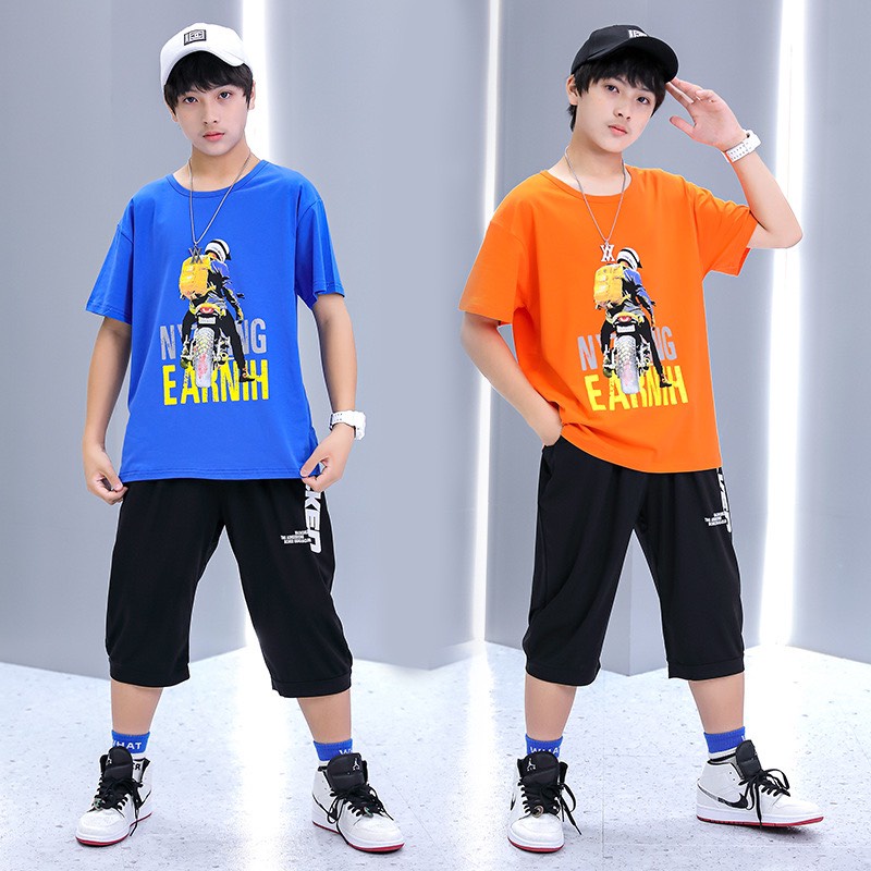 Bộ quần áo hè "GẤU XE " 14-45kg cho bé trai 4-14 tuổi. Co giãn, thấm hút mồ hôi. G3