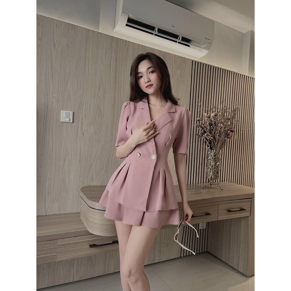 Set đồ nữ áo kiểu vest tay ngắn cổ bẻ xếp ly kèm quần ống rộng đùi vải cotton lạnh mặc dạo phối dự tiệc siêu sang