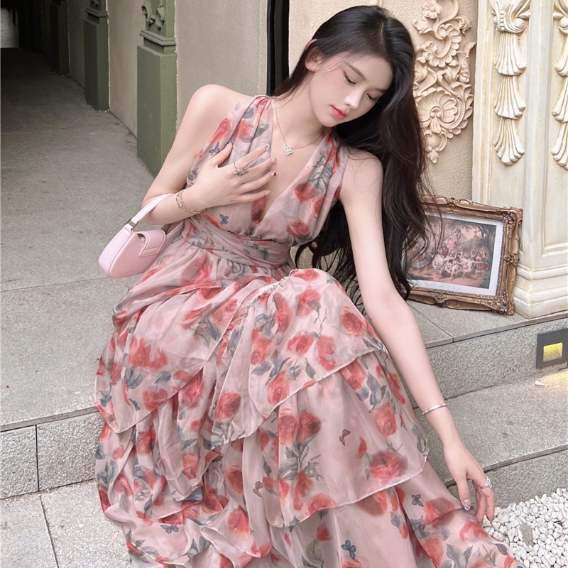 IELGY Đầm Hai Dây Hở Lưng In Họa Tiết Thời Trang Pháp Cho Nữ