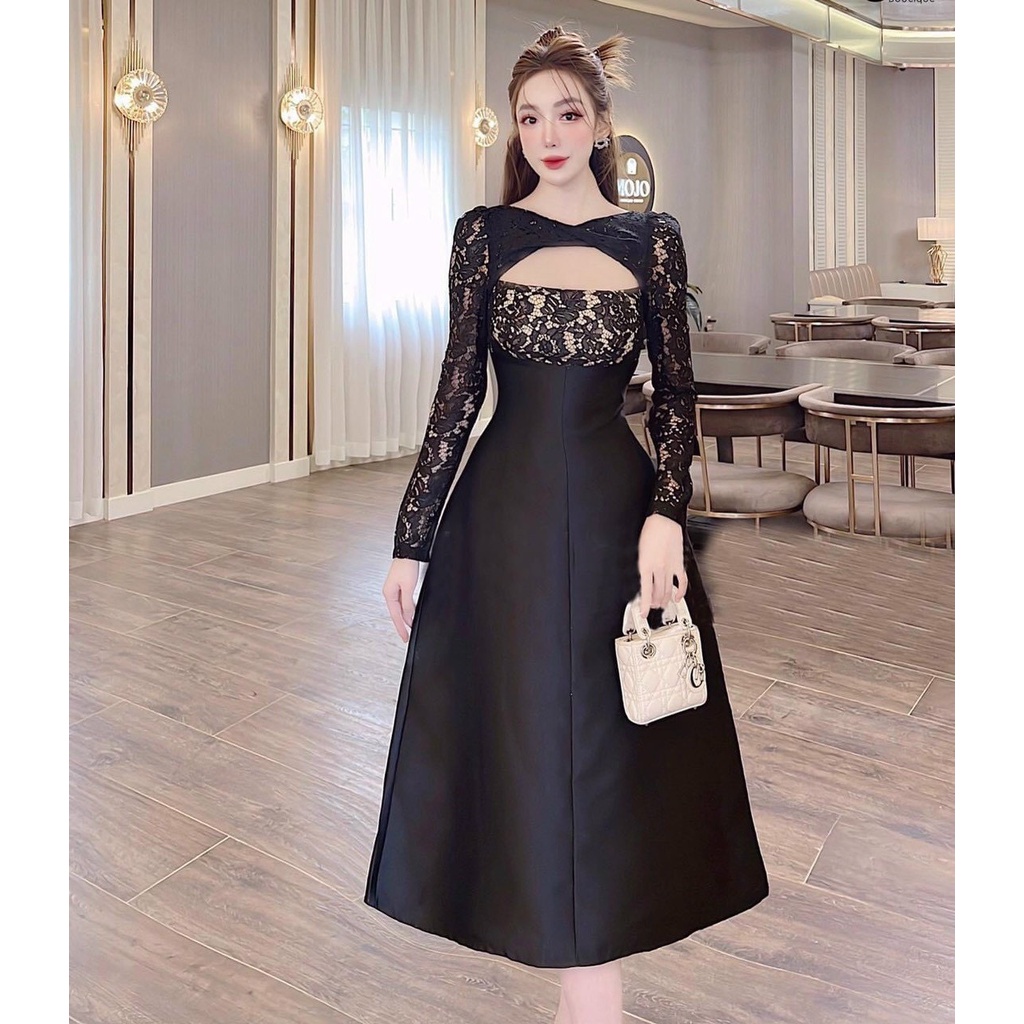 Đầm váy nữ chất tapta phối ren tay dài hở ngực dáng dài xòe sang trọng cho các nàng đi tiệc đi sự kiện