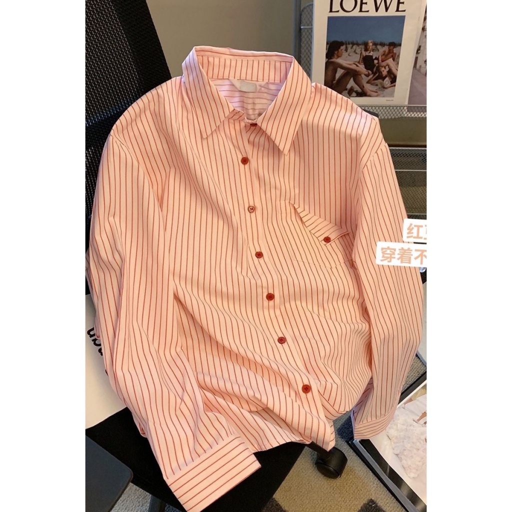 Áo Sơ Mi Tay Dài Dáng Rộng Cổ polo Họa Tiết Kẻ Sọc Màu Hồng Phong Cách Preppy Thời Trang Mùa Xuân Mới Cho Nữ