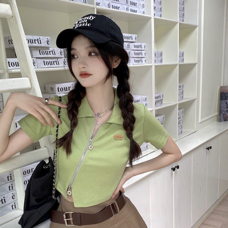 IELGYÁo Thun Ngắn Tay Cổ polo Có Khóa Kéo Không Đồng Đều Dành Cho Nữ