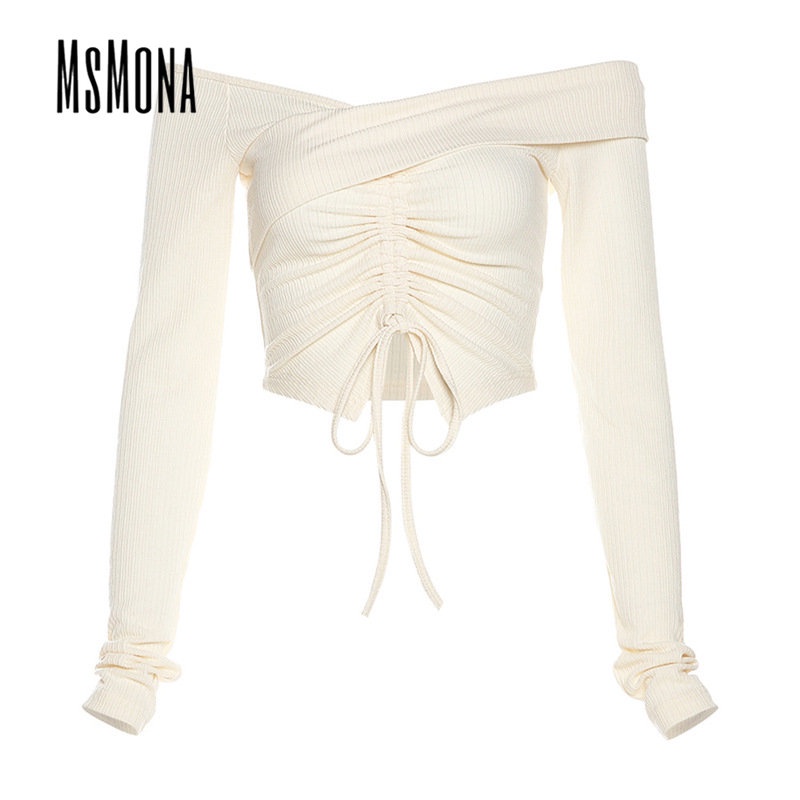 MsMona Áo Thun Tay Dài Màu Trơn Dáng Ôm Hở Vai Thời Trang 2023 Dành Cho Bạn Nữ