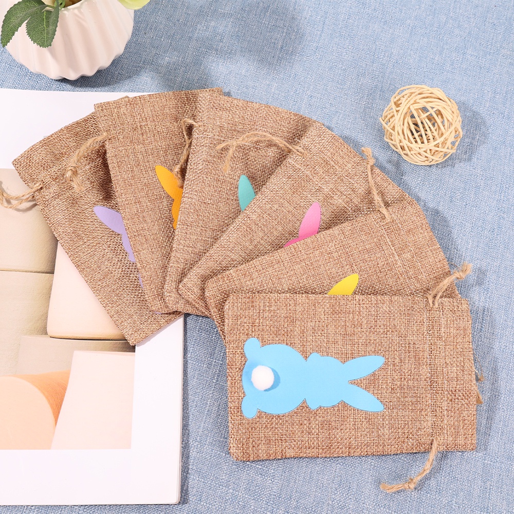Set 6 Túi Dây Rút Vải Lanh Đựng Bánh Kẹo Trang Sức Hình Thỏ Dễ Thương
