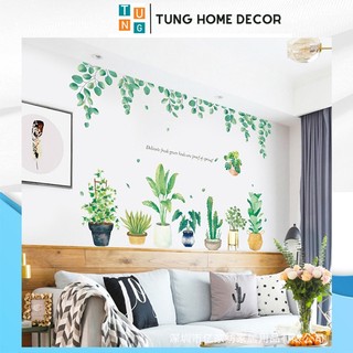Decal dán tường hàn quốc trang trí phòng ngủ TUNG DECOR QR9071 Chậu Cây Tán Lá