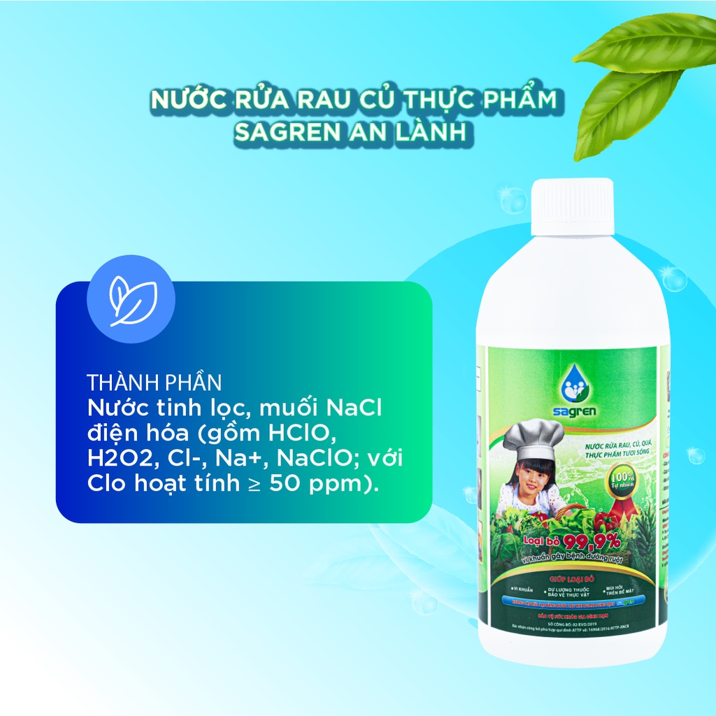 Nước rửa rau củ quả hữu cơ Sagren An Lành Plaza 500ml, nước ngâm rửa thực phẩm an toàn cho bé