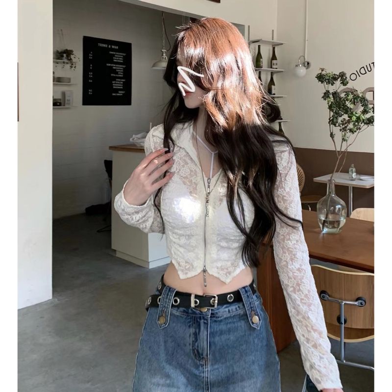 Áo Ren Lưới Tay Dài Dáng Ôm Phối Khóa Kéo Thời Trang Quyến Rũ Cho Nữ