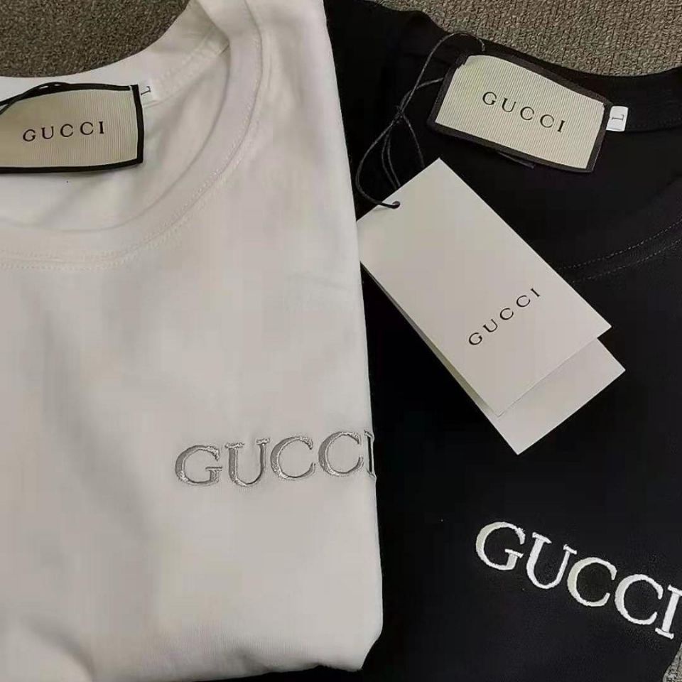 Áo Thun cotton Ngắn Tay Thêu Chữ gucci + Thẻ Thời Trang Cho Nam Nữ