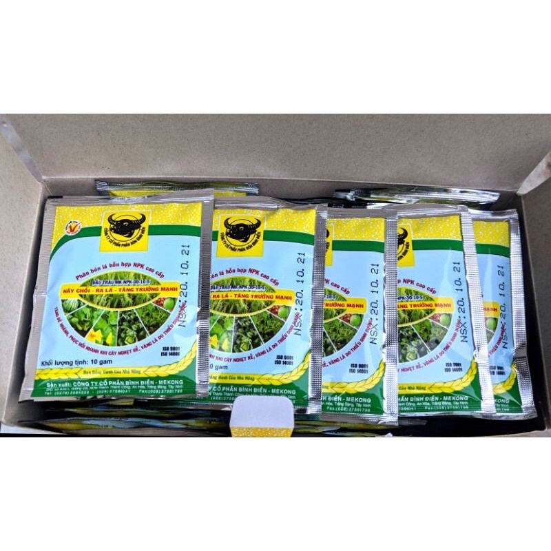 Phân bón lá Đầu trâu cao cấp 30-10-5- TE 10gram, Nảy chồi, ra lá, tăng trưởng mạnh, khỏi nghẹt rễ cho rau màu, lúa
