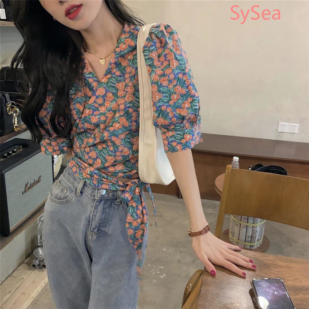 Plus Áo Kiểu Tay Phồng Họa Tiết Hoa Thời Trang Mùa Hè Pháp