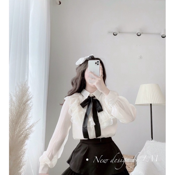 Áo sơ mi tiểu thư viền ren, cổ buộc nơ đen thắt nơ CEMOS hàng CAO CẤP, Áo sơ mi công sở CEMOS, áo sơ mi nữ Cemos