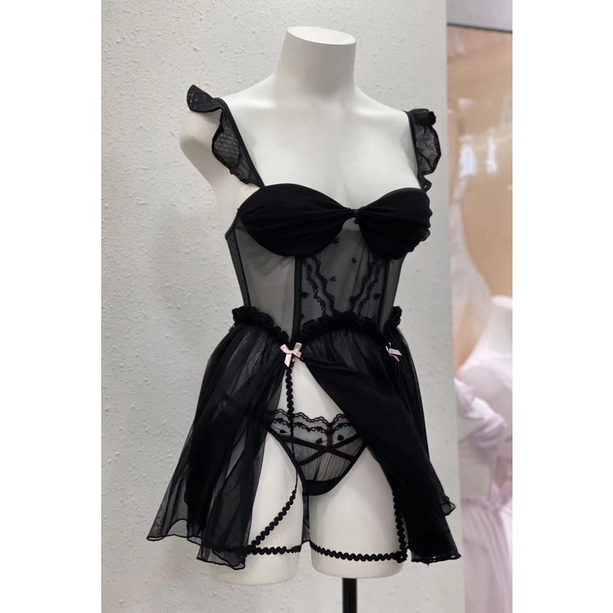 SP126 Váy ngủ 2 dây voan phối ren đầm mặc nhà sexy gợi cảm hàng Quảng Châu cao cấp