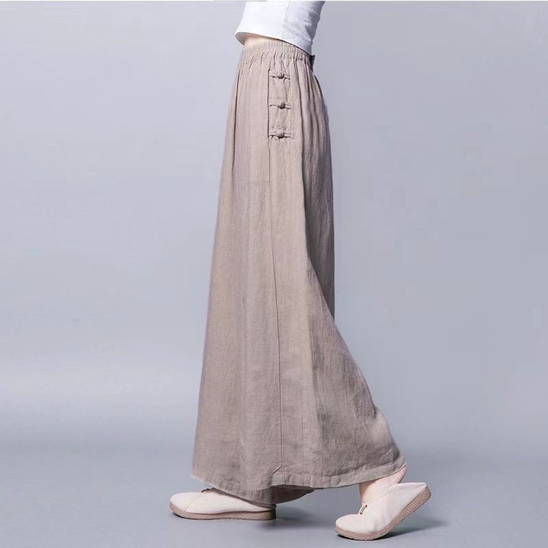 ICE Cotton and Linen Pants Draping Wide-Leg Pants Thin Cropped Large Swing Pants Skirt Elastic Waist Breathable Casual Withdrawal Cut Label Tail Order