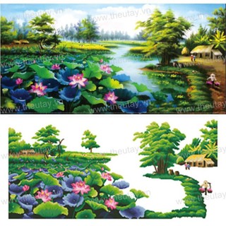 Tranh đính đá đầm sen KT:120x65cm, tranh chưa đính và chưa khung