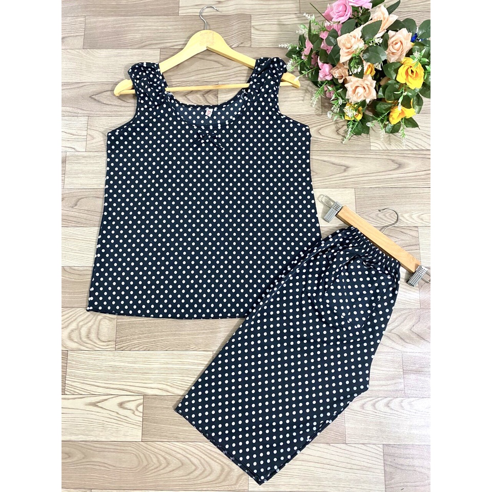 Lửng trung niên/Lửng mặc nhà Chấm Bi nhúng vai . Chất vải thun lạnh mềm ,mát.From 60kg.